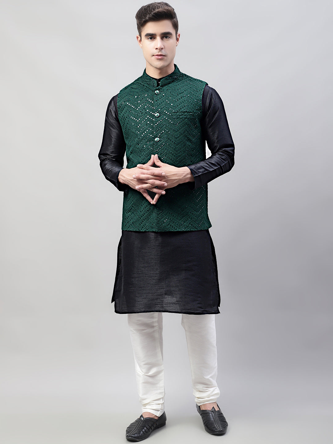 Jompers Men's Black Solid Kurta Pyjama with Olive Green Embroidered Nehru Jacket | Grocsy