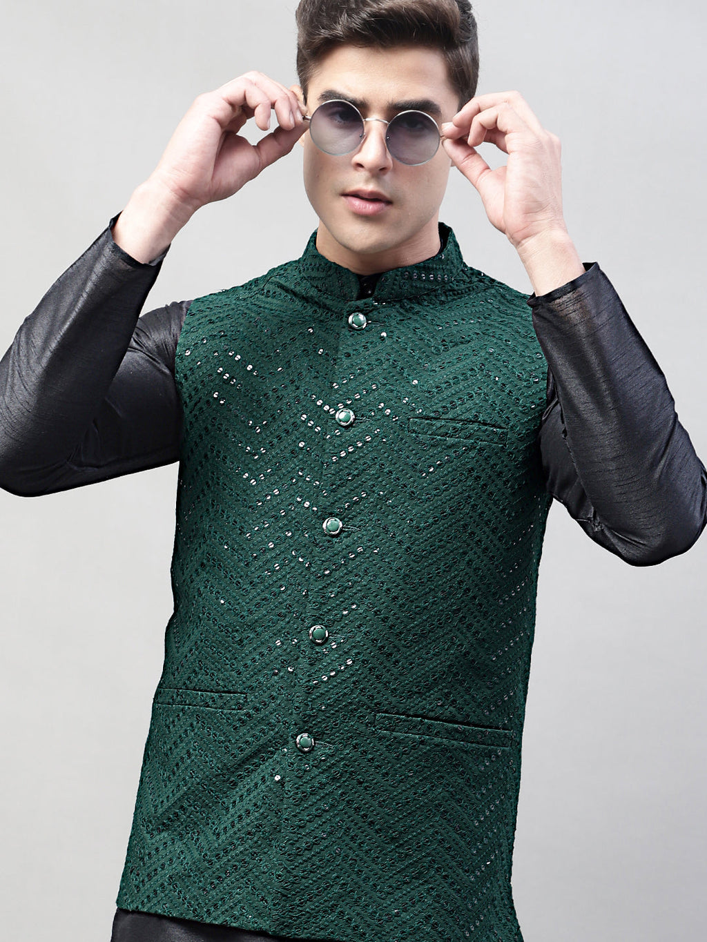 Jompers Men's Black Solid Kurta Pyjama with Olive Green Embroidered Nehru Jacket | Grocsy