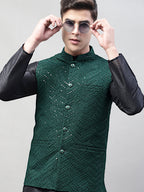 Jompers Men's Black Solid Kurta Pyjama with Olive Green Embroidered Nehru Jacket | Grocsy