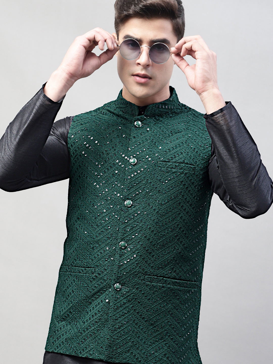 Jompers Men's Black Solid Kurta Pyjama with Olive Green Embroidered Nehru Jacket | Grocsy