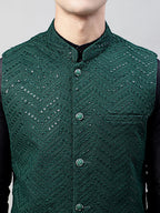 Jompers Men's Black Solid Kurta Pyjama with Olive Green Embroidered Nehru Jacket | Grocsy