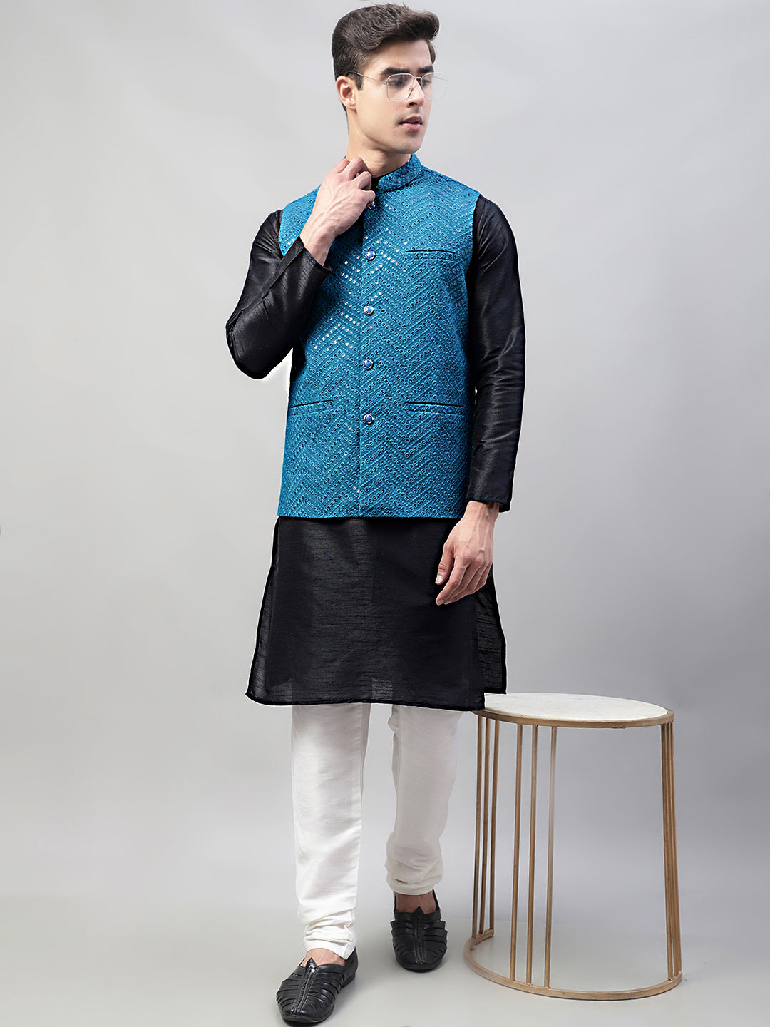 Jompers Men's Black Solid Kurta Pyjama with Blue Embroidered Nehru Jacket | Grocsy