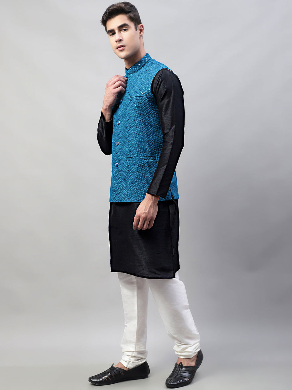 Jompers Men's Black Solid Kurta Pyjama with Blue Embroidered Nehru Jacket | Grocsy