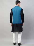 Jompers Men's Black Solid Kurta Pyjama with Blue Embroidered Nehru Jacket | Grocsy
