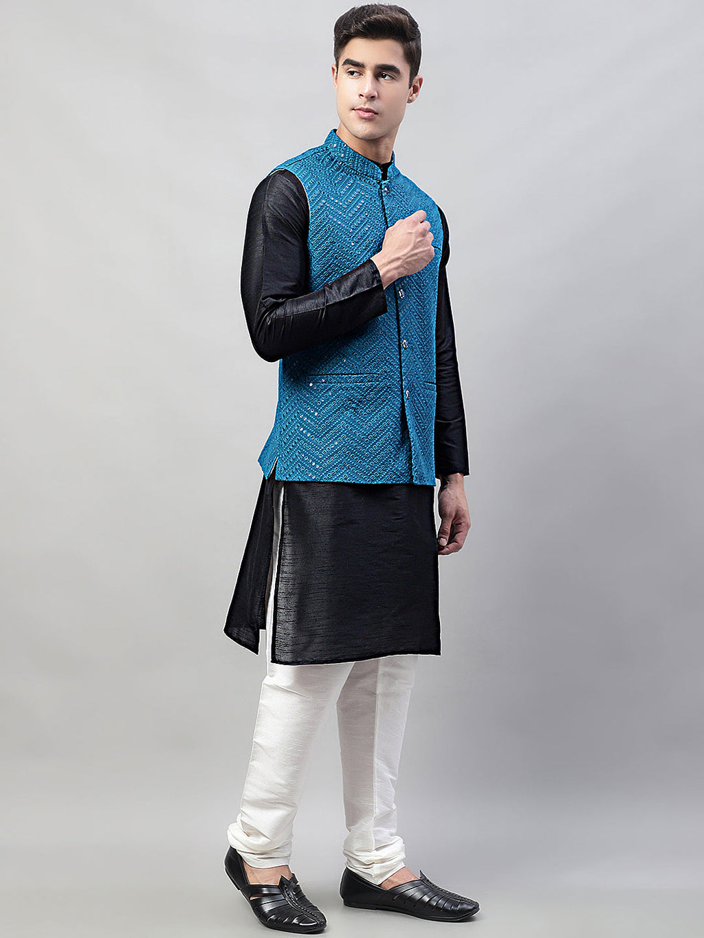 Jompers Men's Black Solid Kurta Pyjama with Blue Embroidered Nehru Jacket | Grocsy
