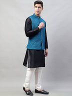Jompers Men's Black Solid Kurta Pyjama with Blue Embroidered Nehru Jacket | Grocsy