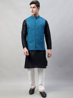 Jompers Men's Black Solid Kurta Pyjama with Blue Embroidered Nehru Jacket | Grocsy