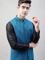 Jompers Men's Black Solid Kurta Pyjama with Blue Embroidered Nehru Jacket | Grocsy