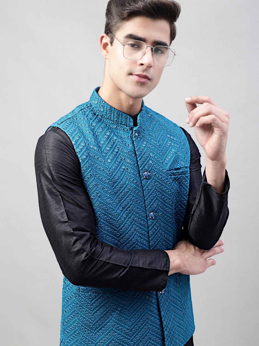 Jompers Men's Black Solid Kurta Pyjama with Blue Embroidered Nehru Jacket | Grocsy