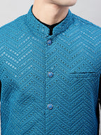 Jompers Men's Black Solid Kurta Pyjama with Blue Embroidered Nehru Jacket | Grocsy