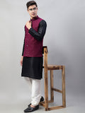 Jompers Men's Black Solid Kurta Pyjama with Purple Embroidered Nehru Jacket | Grocsy
