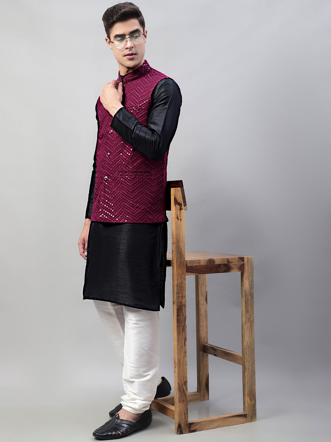 Jompers Men's Black Solid Kurta Pyjama with Purple Embroidered Nehru Jacket | Grocsy