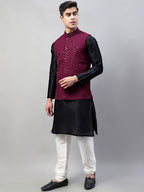 Jompers Men's Black Solid Kurta Pyjama with Purple Embroidered Nehru Jacket | Grocsy