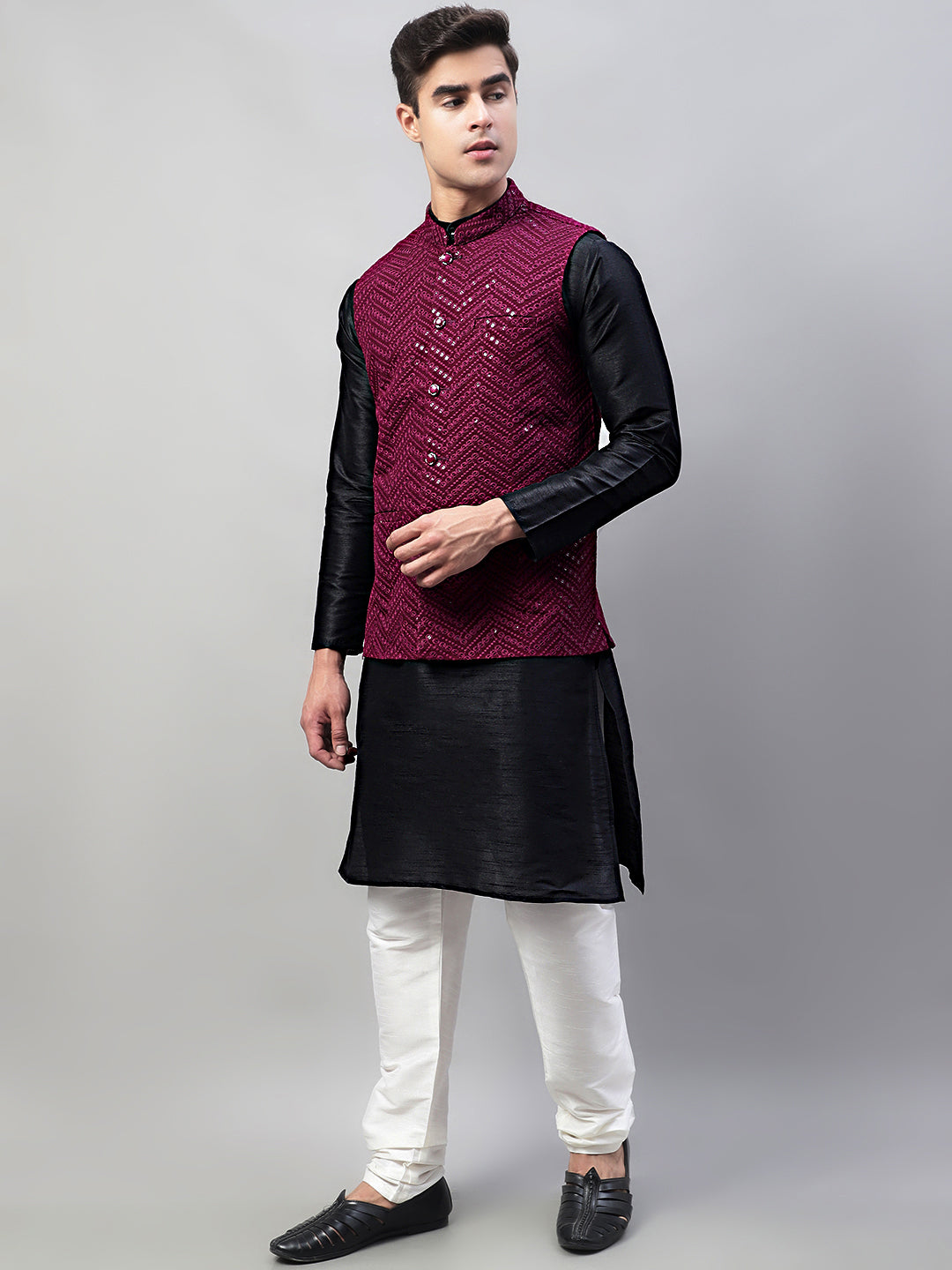 Jompers Men's Black Solid Kurta Pyjama with Purple Embroidered Nehru Jacket | Grocsy