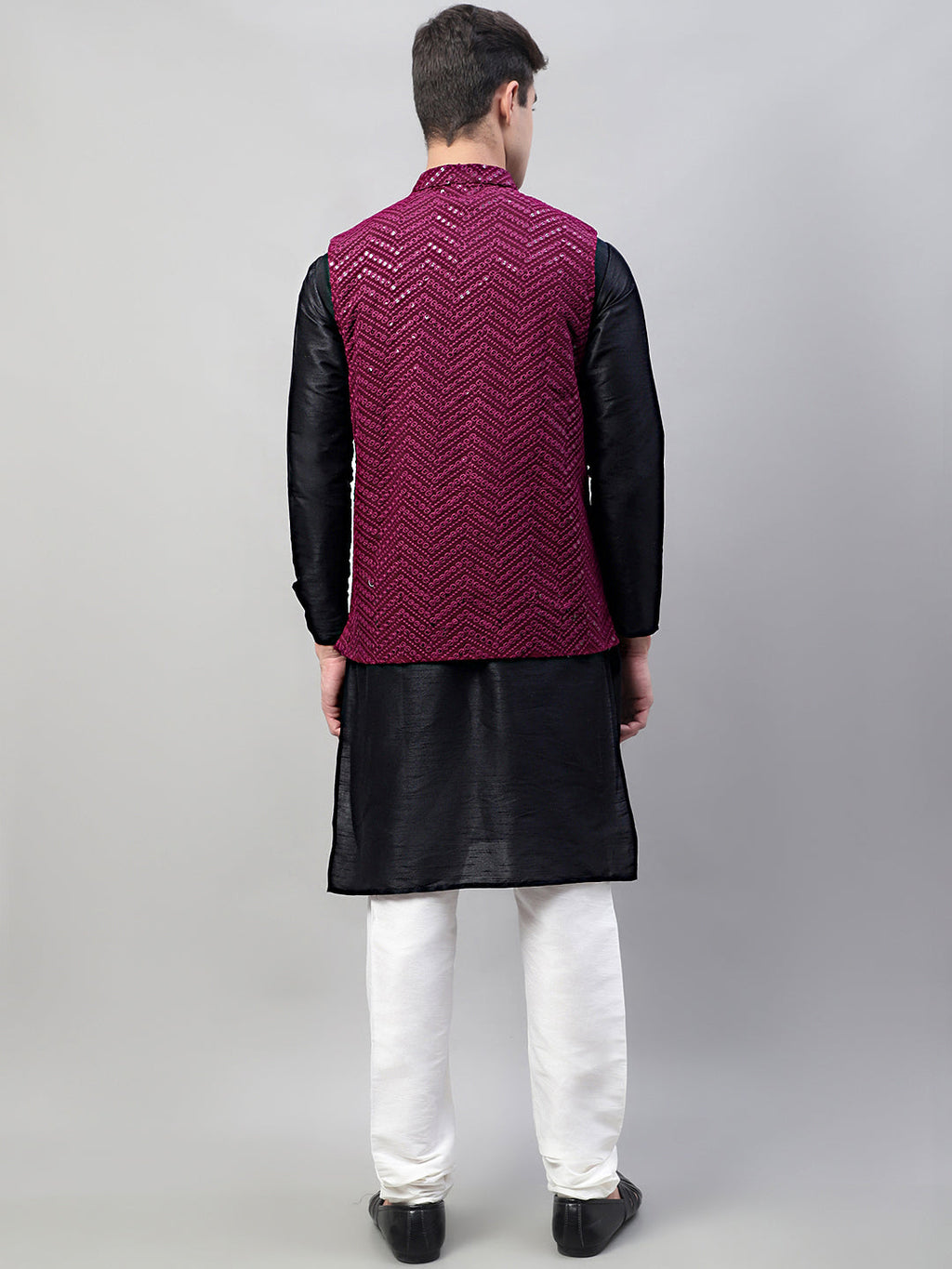 Jompers Men's Black Solid Kurta Pyjama with Purple Embroidered Nehru Jacket | Grocsy