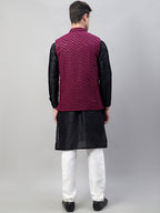 Jompers Men's Black Solid Kurta Pyjama with Purple Embroidered Nehru Jacket | Grocsy