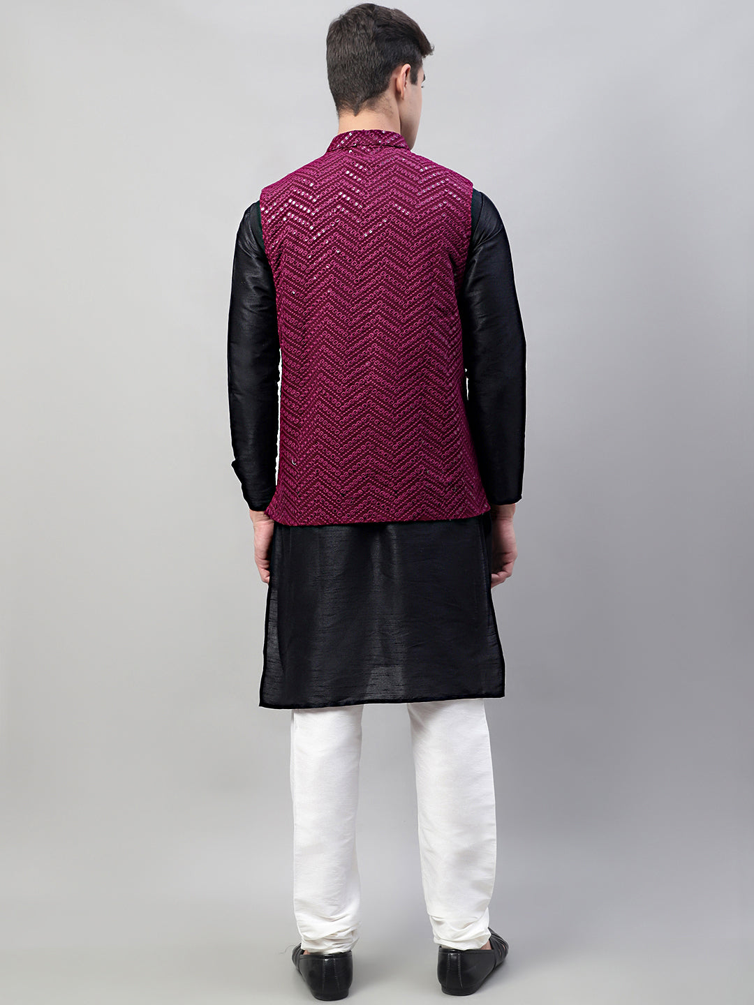Jompers Men's Black Solid Kurta Pyjama with Purple Embroidered Nehru Jacket | Grocsy