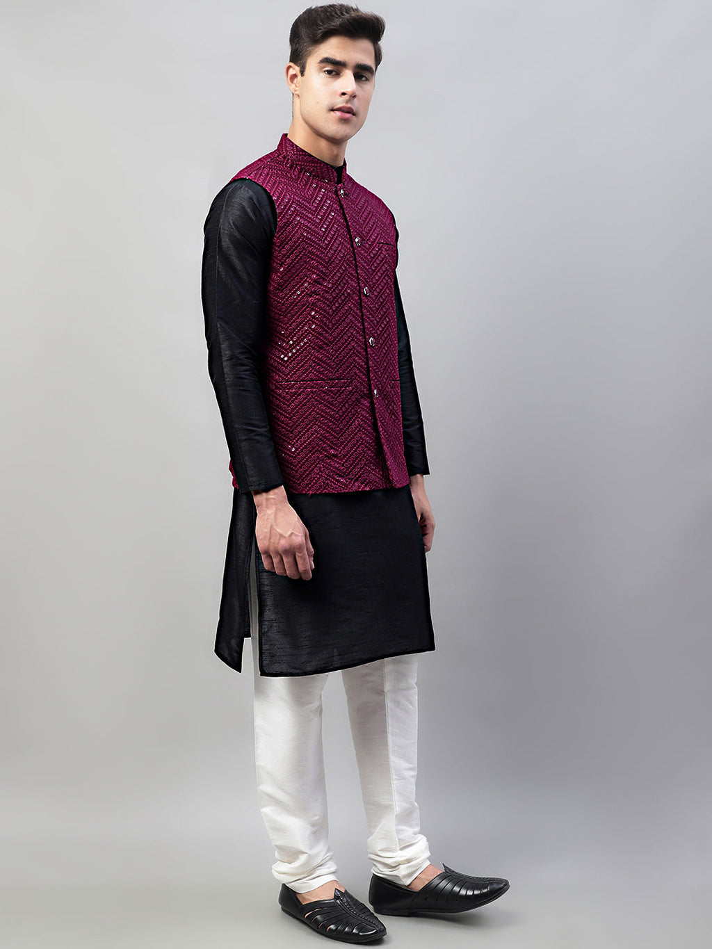 Jompers Men's Black Solid Kurta Pyjama with Purple Embroidered Nehru Jacket | Grocsy