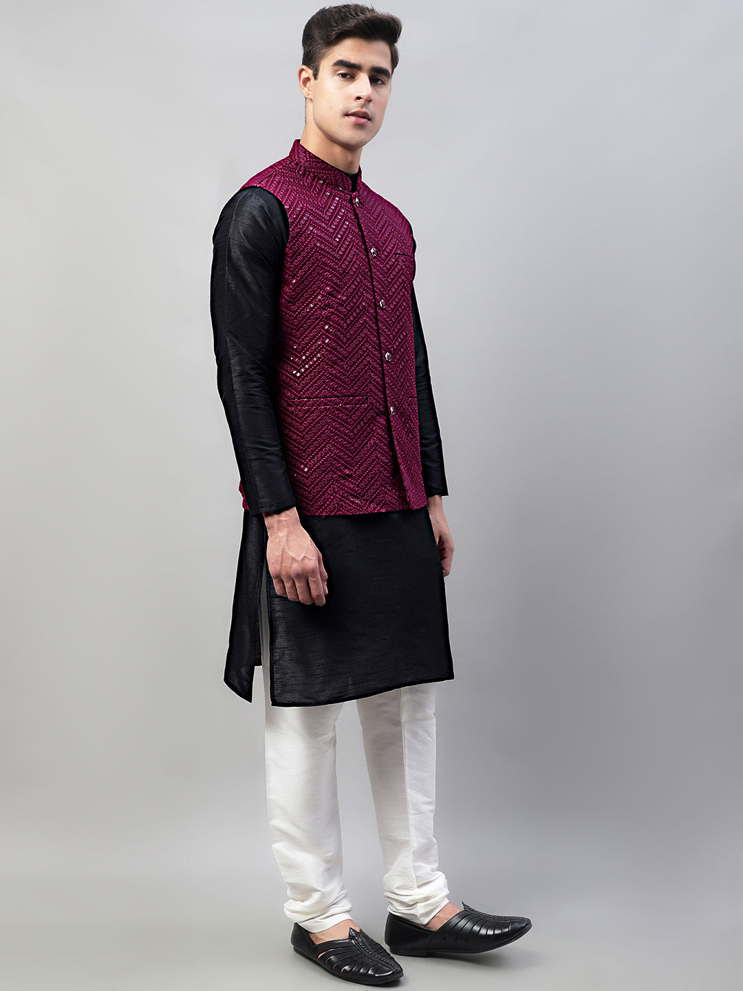 Jompers Men's Black Solid Kurta Pyjama with Purple Embroidered Nehru Jacket | Grocsy