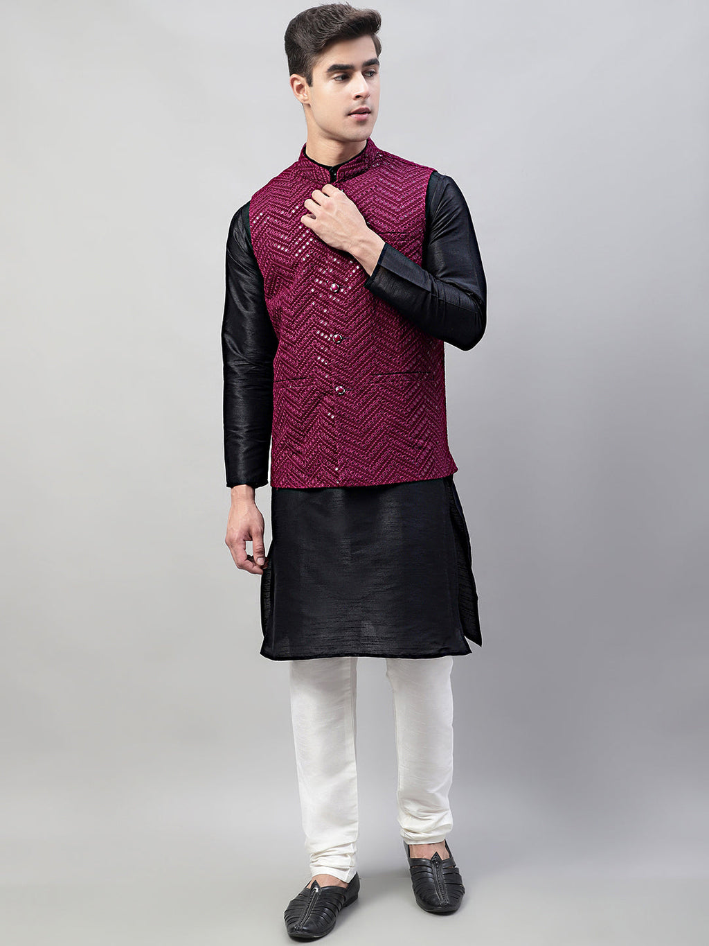 Jompers Men's Black Solid Kurta Pyjama with Purple Embroidered Nehru Jacket | Grocsy