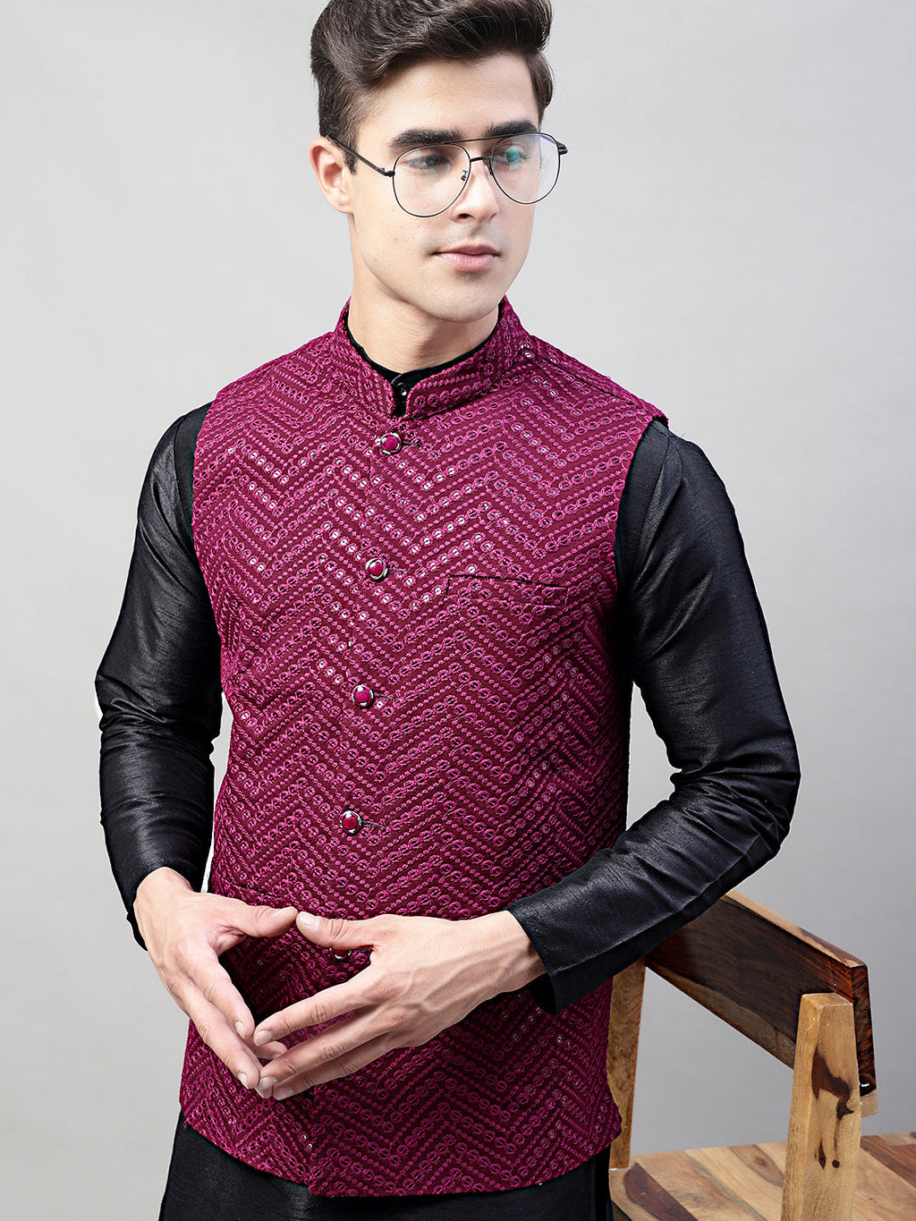 Jompers Men's Black Solid Kurta Pyjama with Purple Embroidered Nehru Jacket | Grocsy