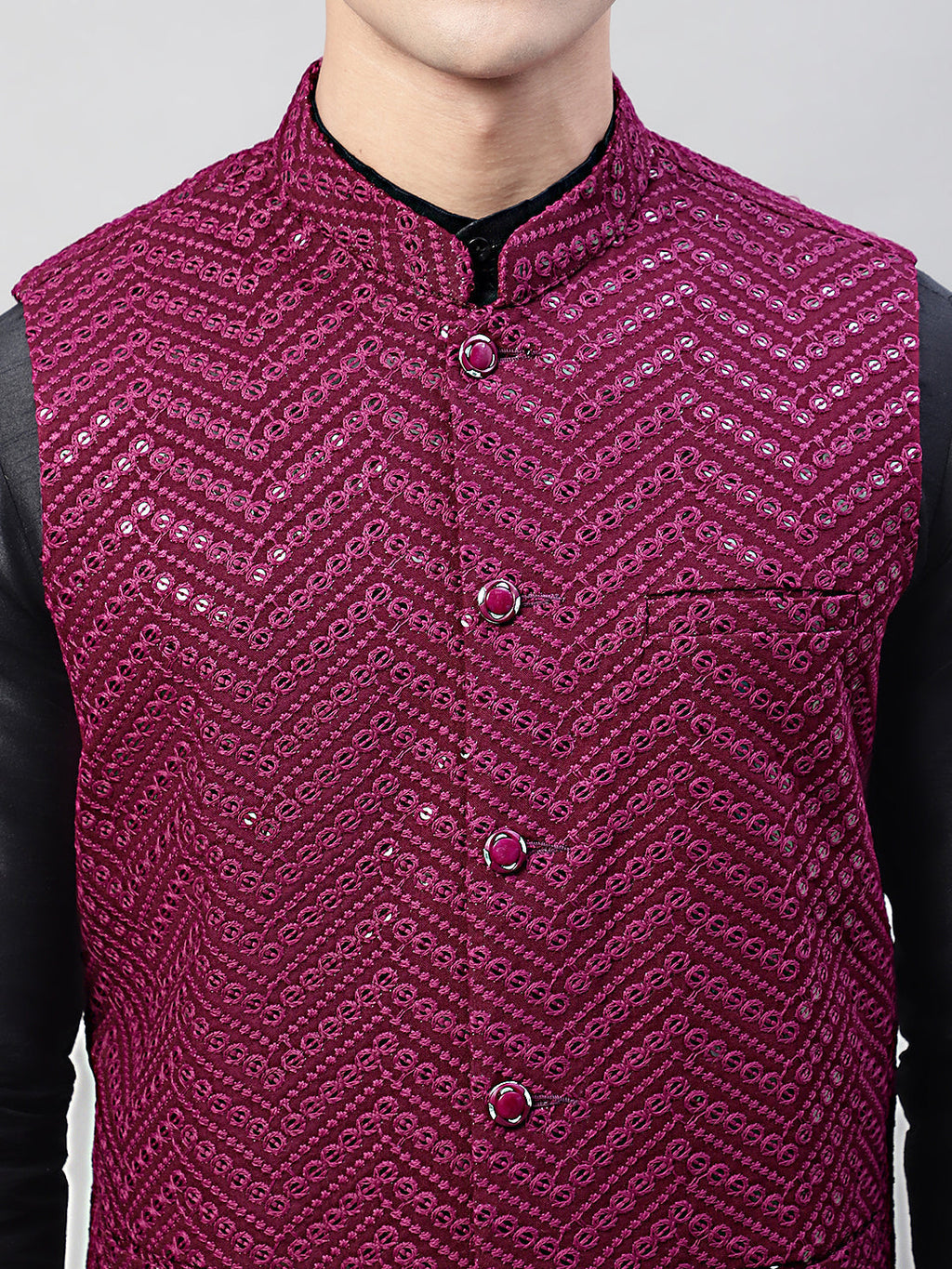 Jompers Men's Black Solid Kurta Pyjama with Purple Embroidered Nehru Jacket | Grocsy