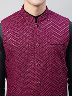 Jompers Men's Black Solid Kurta Pyjama with Purple Embroidered Nehru Jacket | Grocsy