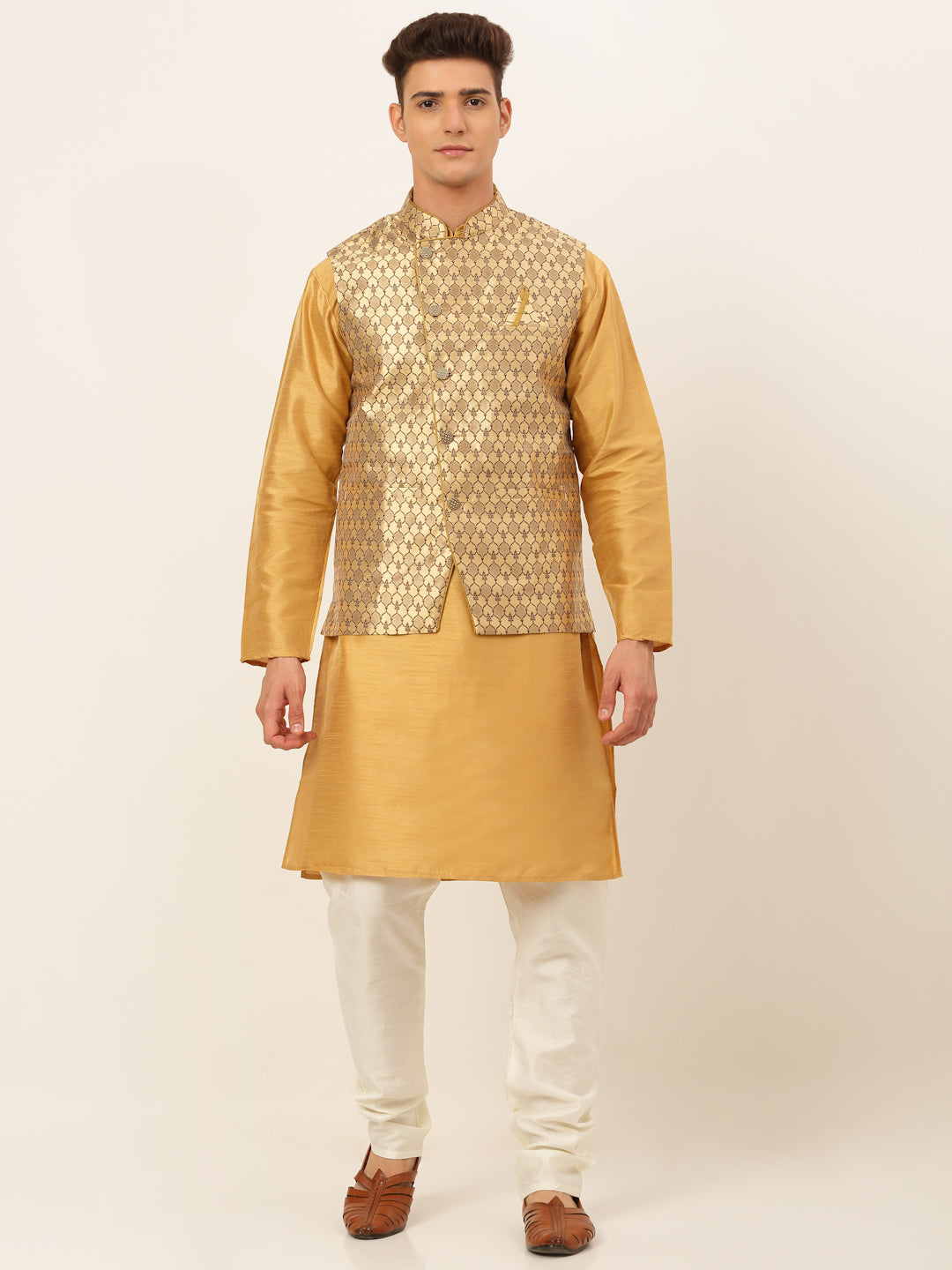 Jompers Men's Solid Kurta Pyjama With Nehru Jacket - DGolden | Grocsy