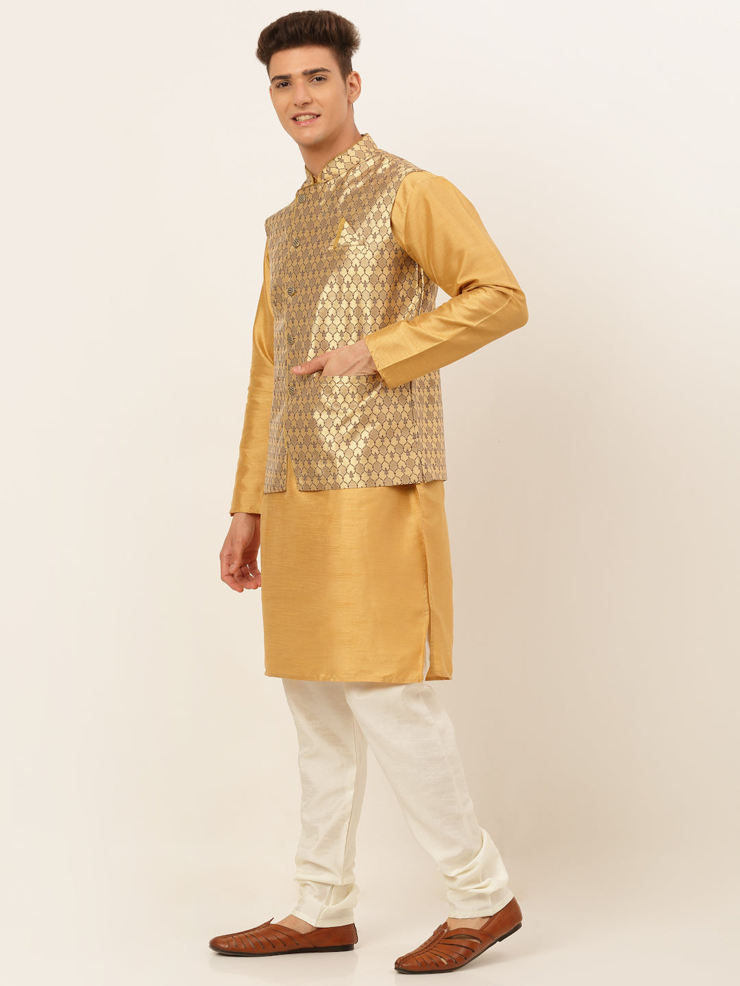 Jompers Men's Solid Kurta Pyjama With Nehru Jacket - DGolden | Grocsy