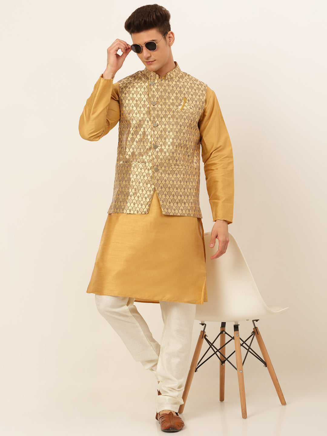 Jompers Men's Solid Kurta Pyjama With Nehru Jacket - DGolden | Grocsy