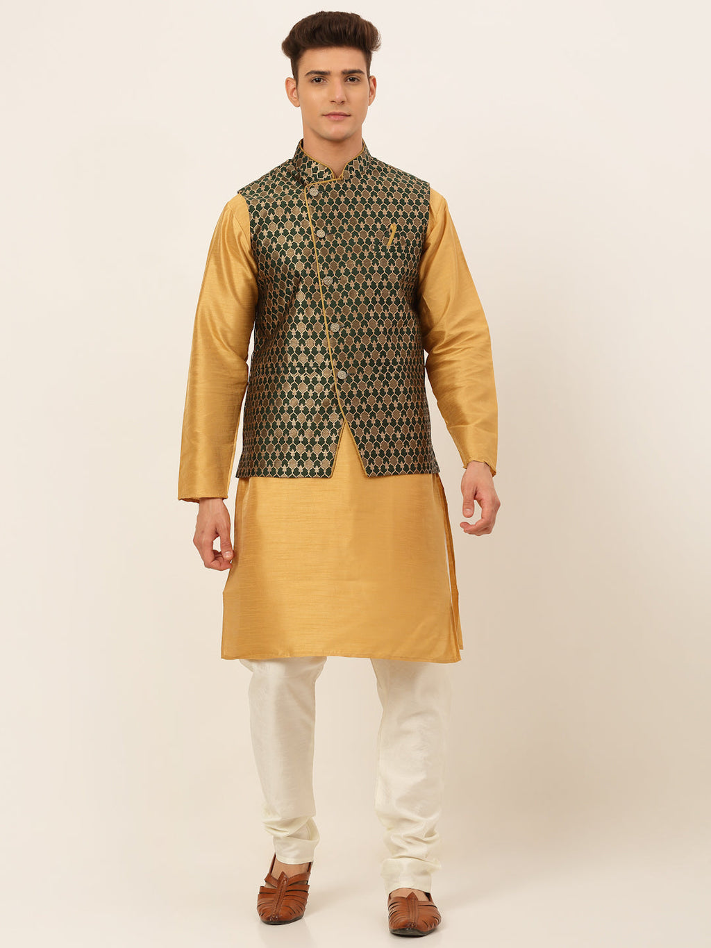 Jompers Men's Solid Kurta Pyjama With Nehru Jacket - DOlive | Grocsy