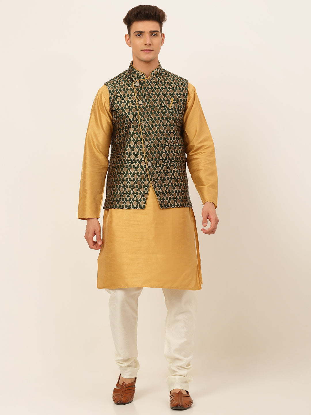 Jompers Men's Solid Kurta Pyjama With Nehru Jacket - DOlive | Grocsy