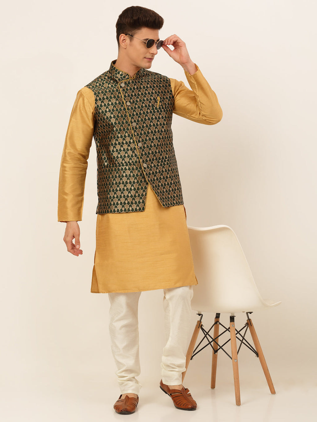Jompers Men's Solid Kurta Pyjama With Nehru Jacket - DOlive | Grocsy