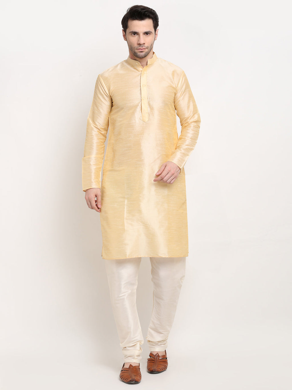 Jompers Men's Golden Dupion Silk Kurta with Churidar & Nehru Jacket ( Black ) | Grocsy