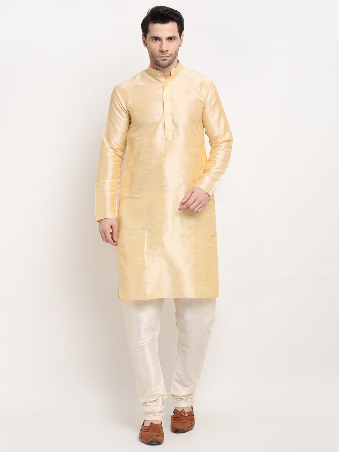Jompers Men's Golden Dupion Silk Kurta with Churidar & Nehru Jacket ( Black ) | Grocsy