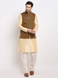 Jompers Men's Golden Dupion Silk Kurta with Churidar & Nehru Jacket ( Black ) | Grocsy