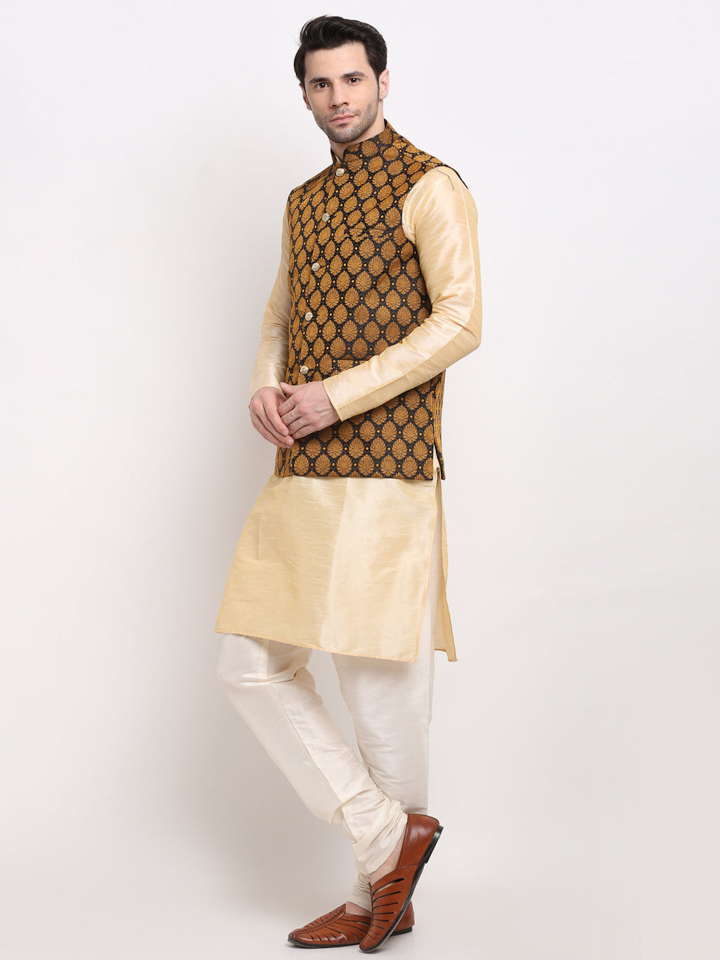 Jompers Men's Golden Dupion Silk Kurta with Churidar & Nehru Jacket ( Black ) | Grocsy