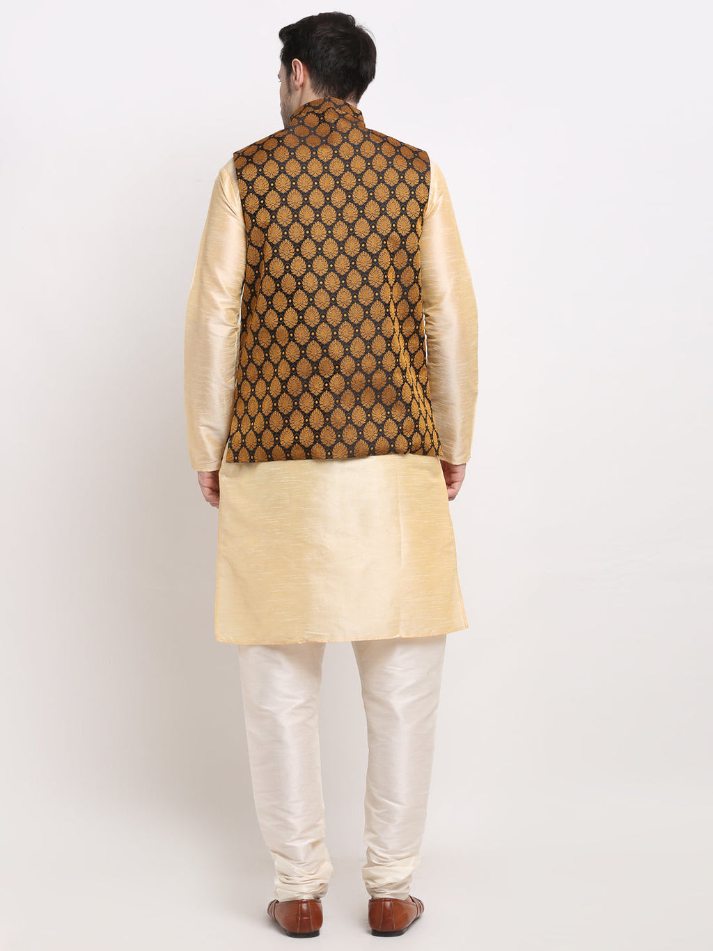 Jompers Men's Golden Dupion Silk Kurta with Churidar & Nehru Jacket ( Black ) | Grocsy