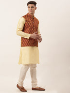 Jompers Men's Woven Design Nehru Jacket and Kurta Pyjama Set - Maroon | Grocsy