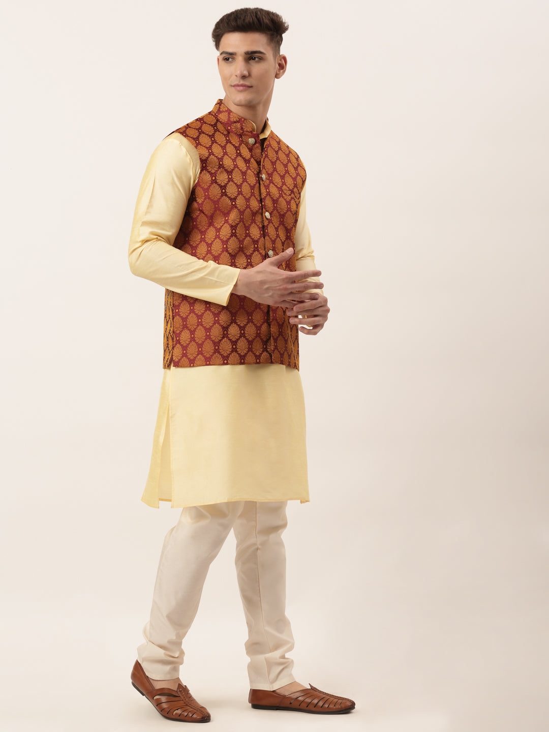 Jompers Men's Woven Design Nehru Jacket and Kurta Pyjama Set - Maroon | Grocsy