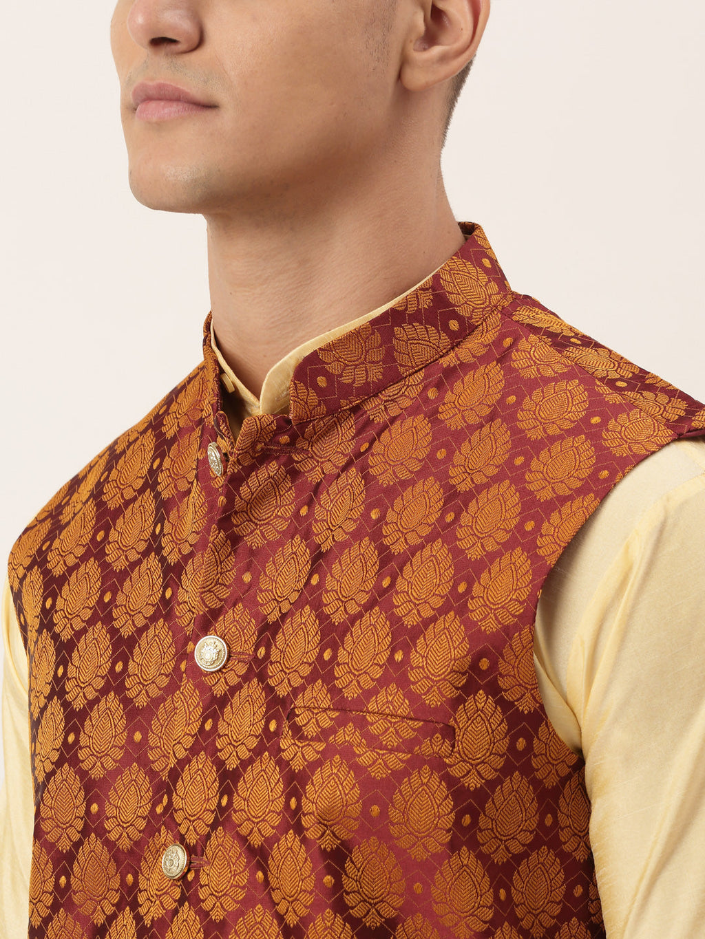 Jompers Men's Woven Design Nehru Jacket and Kurta Pyjama Set - Maroon | Grocsy