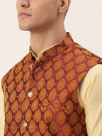 Jompers Men's Woven Design Nehru Jacket and Kurta Pyjama Set - Maroon | Grocsy