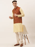 Jompers Men's Woven Design Nehru Jacket and Kurta Pyjama Set - Maroon | Grocsy