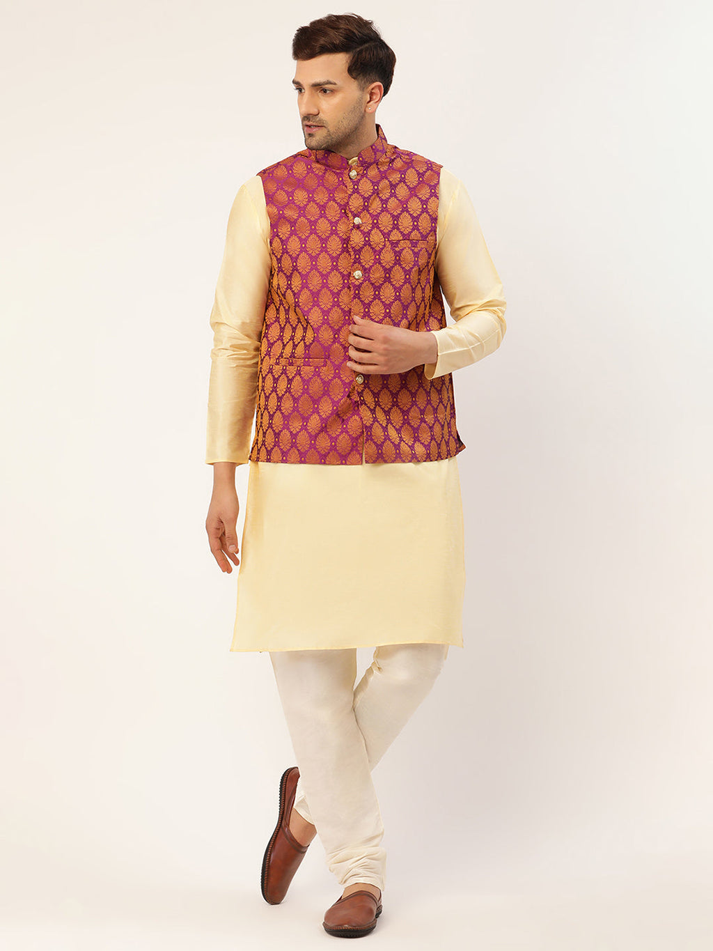Jompers Men's Woven Design Nehru Jacket and Kurta Pyjama Set - Pink | Grocsy