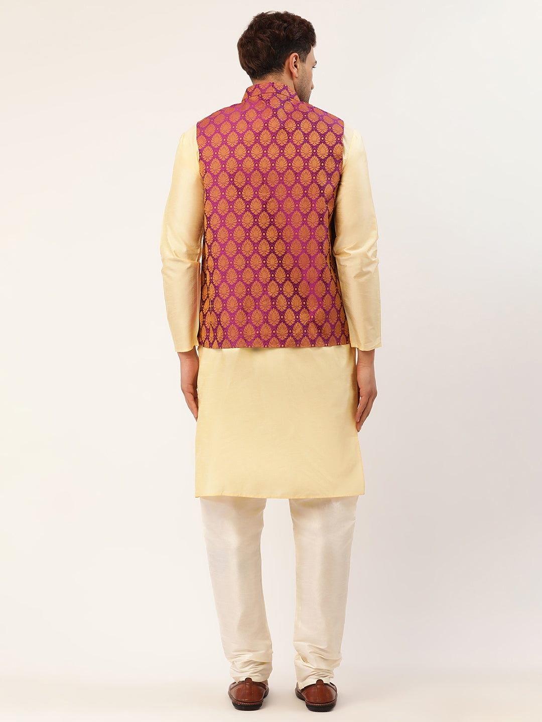 Jompers Men's Woven Design Nehru Jacket and Kurta Pyjama Set - Pink | Grocsy
