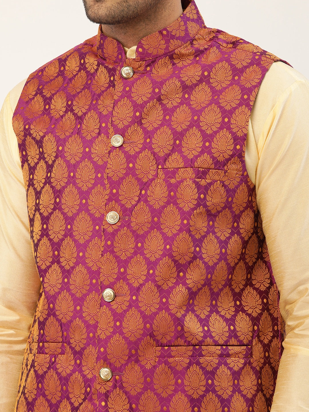 Jompers Men's Woven Design Nehru Jacket and Kurta Pyjama Set - Pink | Grocsy