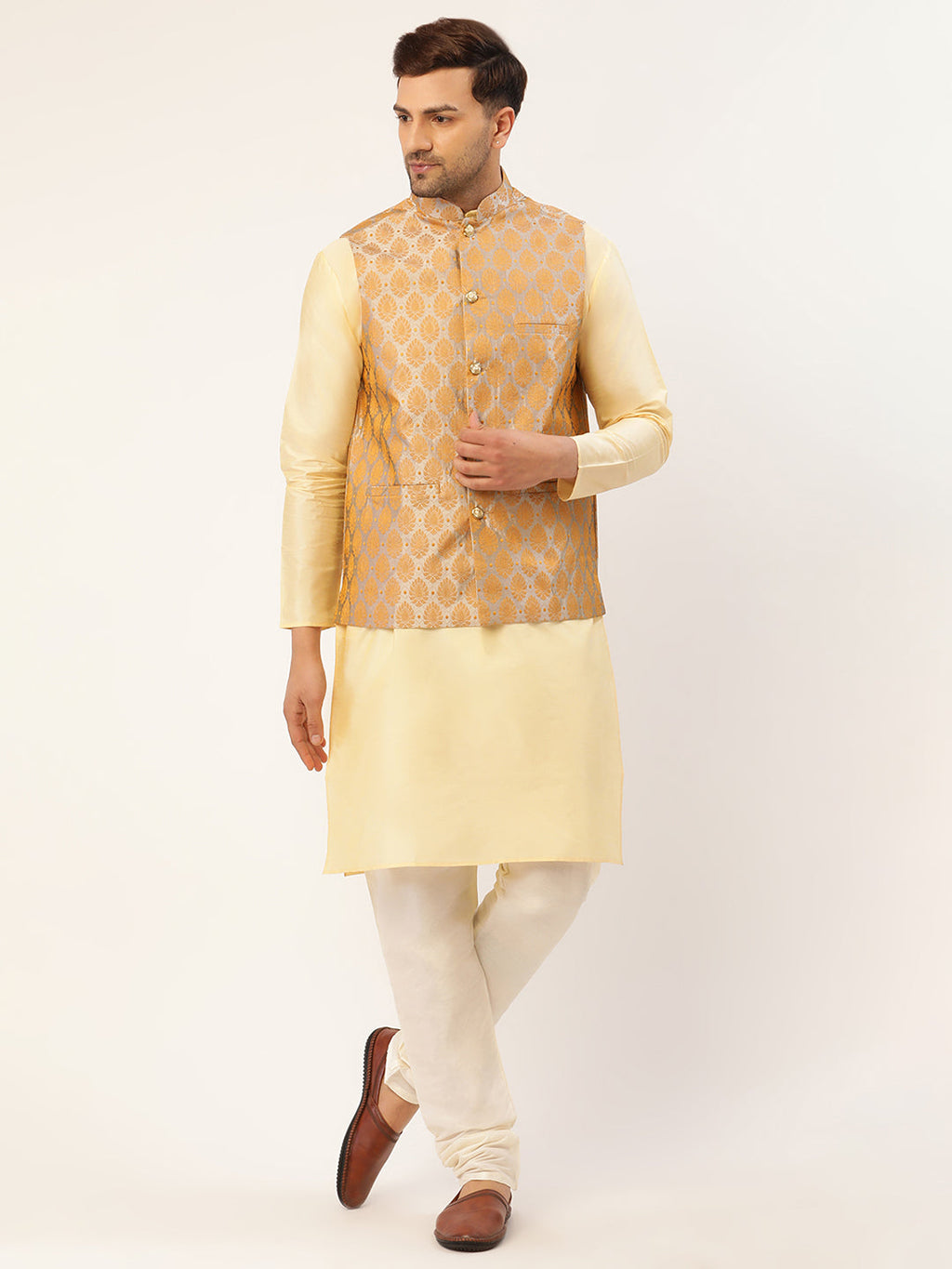 Jompers Men's Woven Design Nehru Jacket and Kurta Pyjama Set - Silver | Grocsy