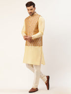 Jompers Men's Woven Design Nehru Jacket and Kurta Pyjama Set - Silver | Grocsy