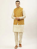 Jompers Men's Printed Nehru Jacket and Kurta Pyjama Set - Mustard | Grocsy