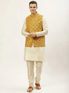 Jompers Men's Printed Nehru Jacket and Kurta Pyjama Set - Mustard | Grocsy
